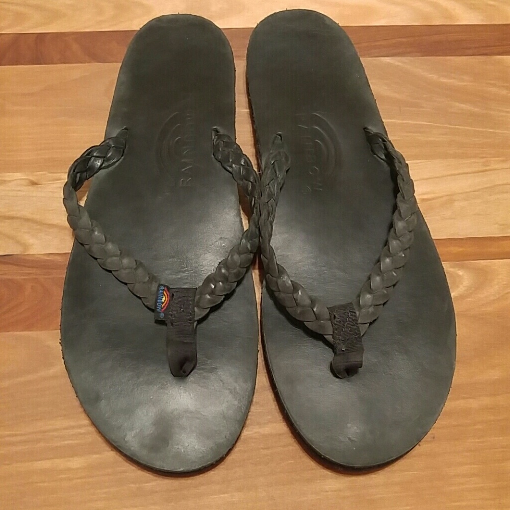 Large Rainbow black braided flip flops